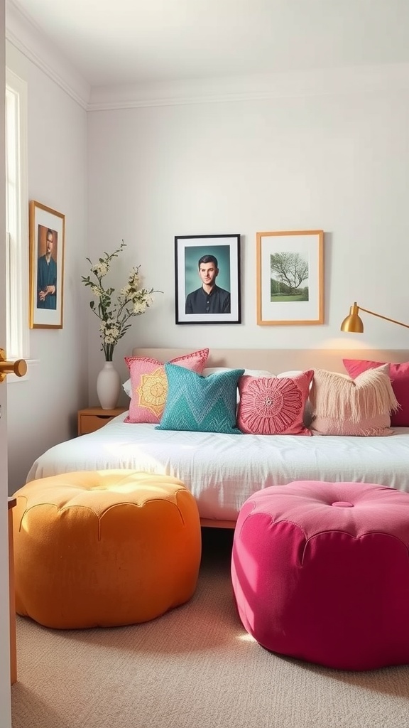 A small bedroom featuring a bed with colorful pillows and two poufs in vibrant orange and pink