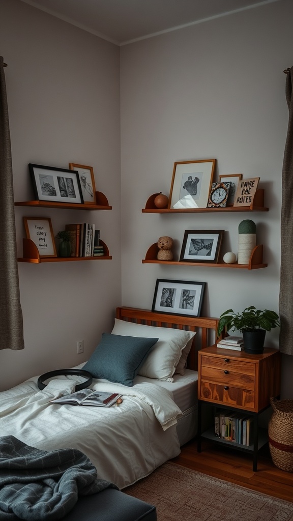 A small bedroom with corner shelves displaying framed photos and decor, a cozy bed, and a bedside table with a plant.