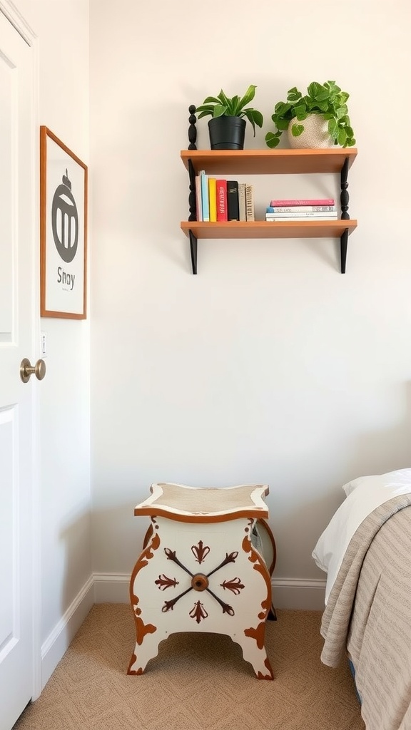 A decorative step stool placed beside a bed with a shelf above it holding plants and books.