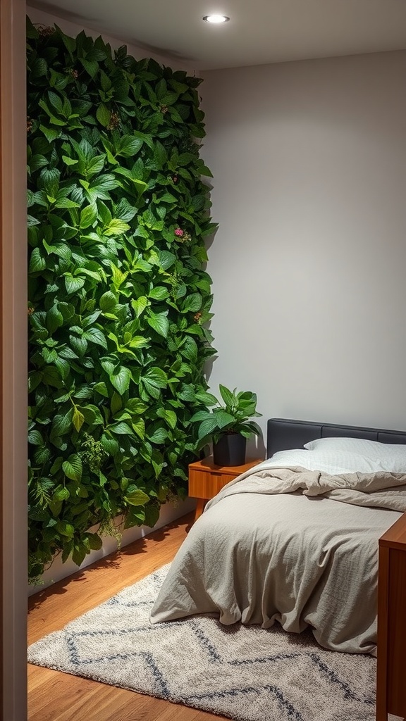 A small bedroom featuring a vertical garden on one wall, creating a fresh and textured look.