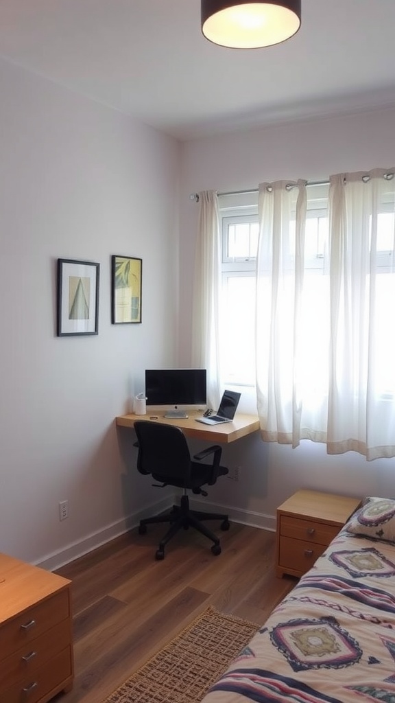 A small bedroom with a wall-mounted desk, computer, and cozy decor.