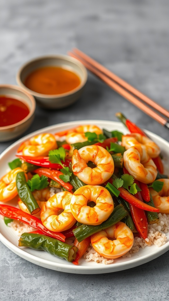 A colorful plate of shrimp stir fry with vegetables