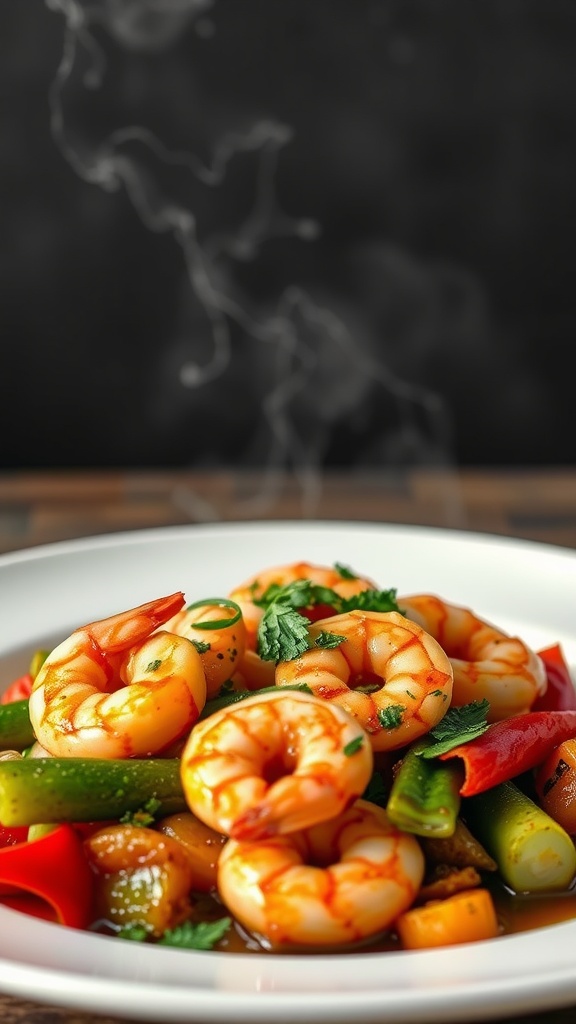 A vibrant dish of Balsamic Shrimp Stir Fry with colorful vegetables and shrimp.