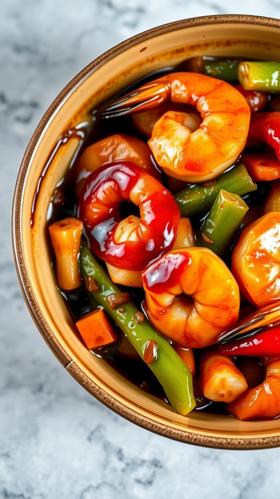 A bowl of bourbon glazed shrimp stir fry with vibrant vegetables.