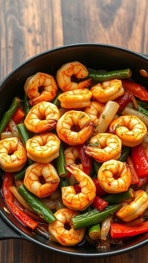 A colorful Cajun shrimp stir fry showcasing shrimp and various vegetables.