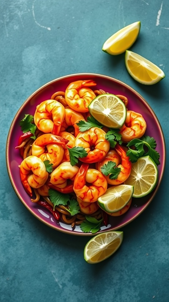 A vibrant plate of chipotle lime shrimp stir fry, garnished with lime wedges and fresh cilantro.