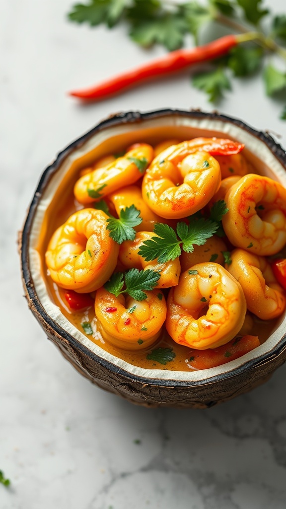 A colorful bowl of coconut curry shrimp stir fry garnished with fresh cilantro.