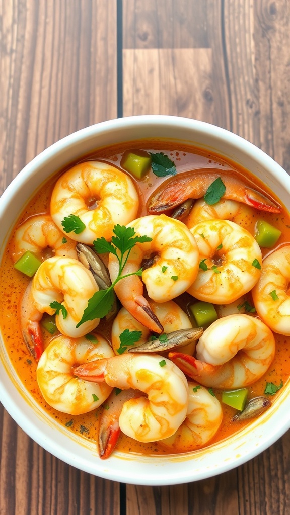 A bowl of creamy garlic shrimp stir fry with shrimp, green peppers, and a rich sauce.