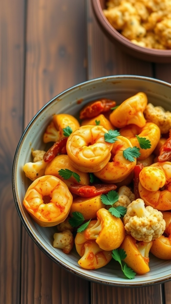 A bowl of curry shrimp and cauliflower stir fry garnished with cilantro