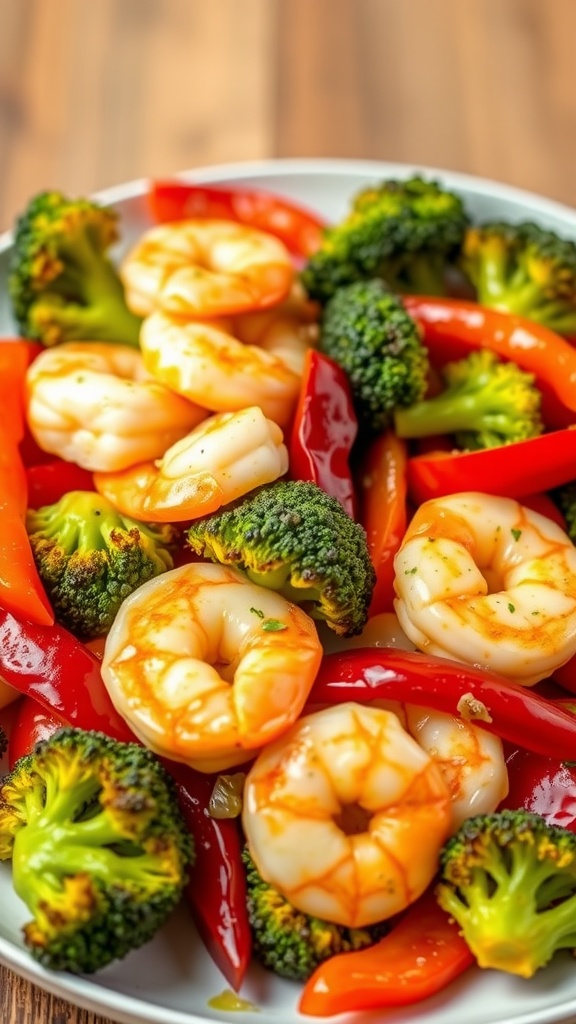 A plate of garlic butter shrimp stir fry with broccoli and bell peppers.