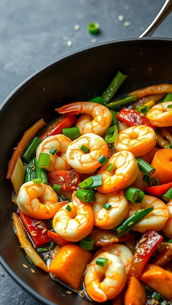 A skillet filled with garlic butter shrimp and colorful vegetables.