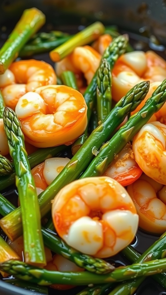 A delicious dish of honey garlic shrimp with asparagus, showcasing vibrant colors and fresh ingredients.