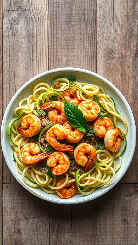 A bowl of lemon pepper shrimp served with zucchini noodles, garnished with parsley.