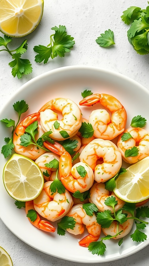 A fresh and vibrant lime cilantro shrimp stir fry with shrimp, cilantro, and lime slices.