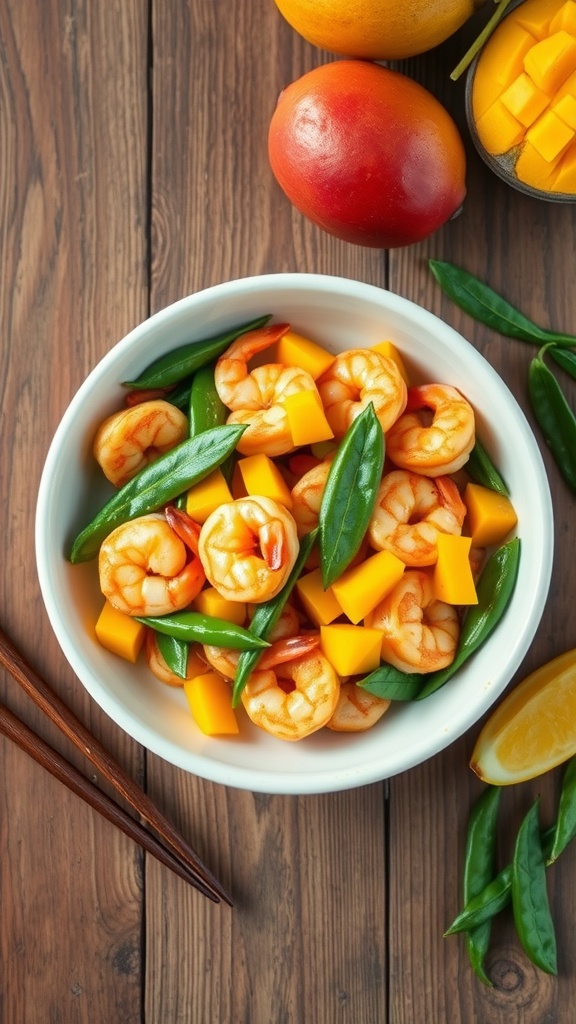 Shrimp stir fry with mango and green beans in a bowl.