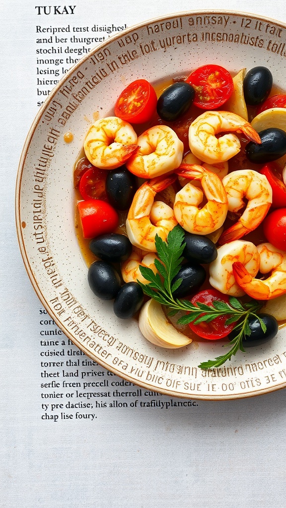 A vibrant Mediterranean shrimp stir fry with shrimp, tomatoes, olives, and parsley.