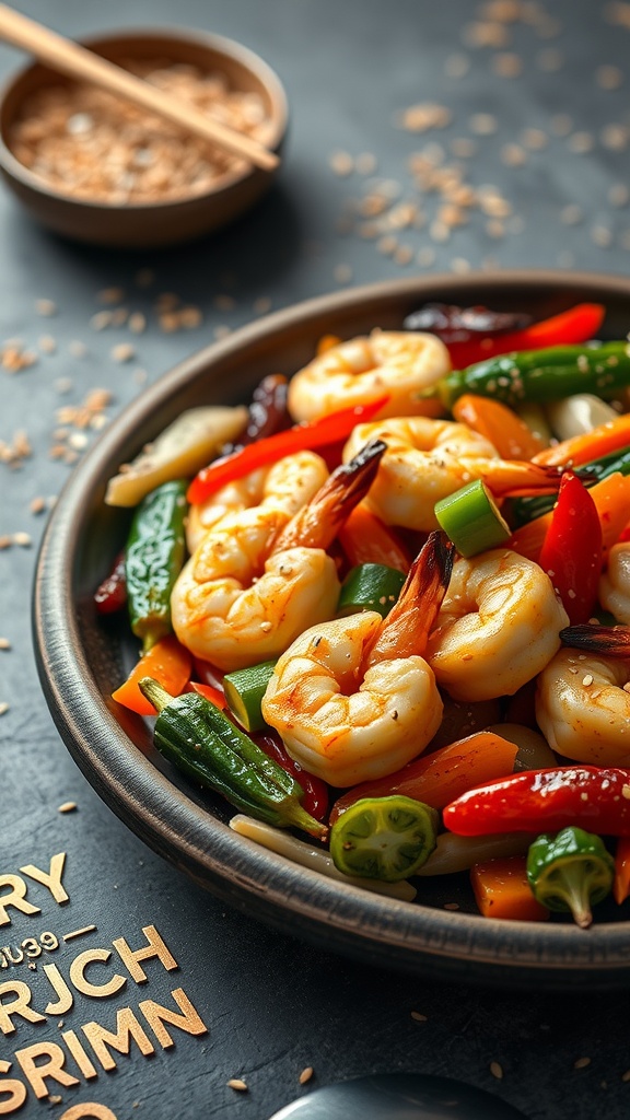 A vibrant sesame shrimp and vegetable stir fry dish