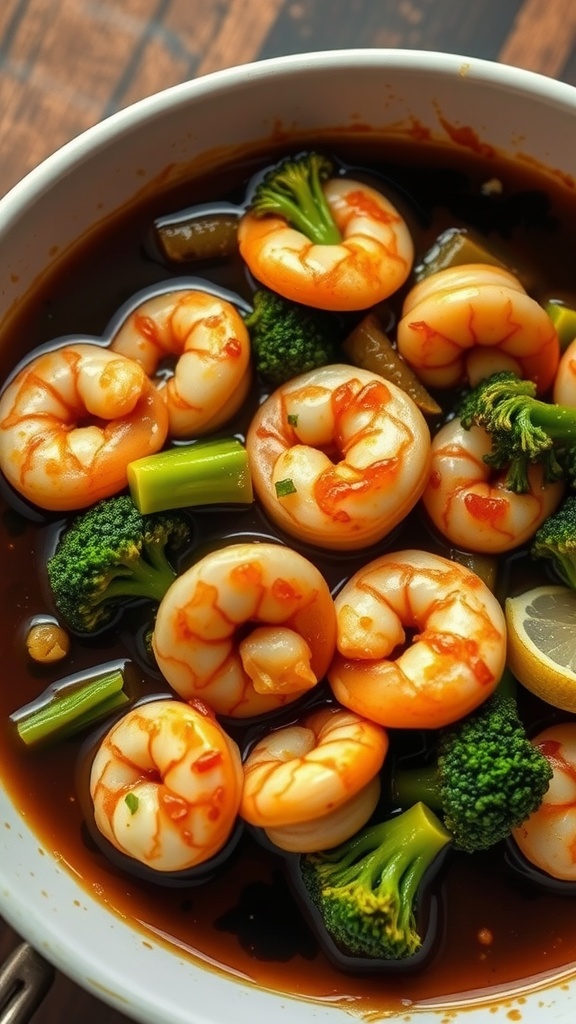 A bowl of shrimp and broccoli stir fry with a savory sauce