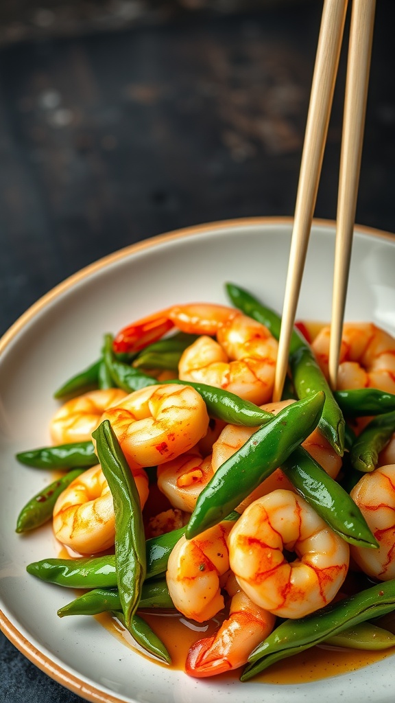 A delicious dish of shrimp and snow peas in ginger sauce, garnished and ready to eat.