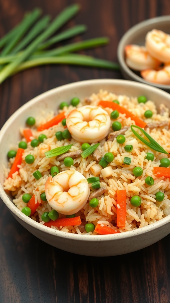 A bowl of shrimp fried rice with vegetables, showcasing shrimp, green peas, and diced carrots.