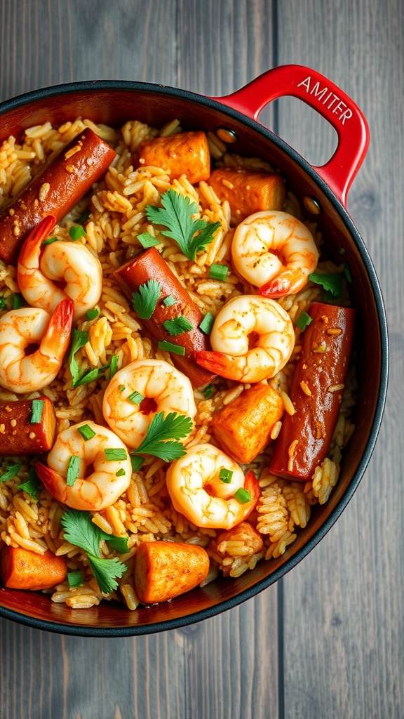 Delicious shrimp jambalaya stir fry with rice and vegetables.