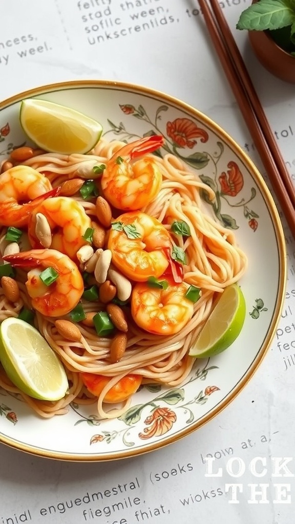 Shrimp Pad Thai Stir Fry with noodles, shrimp, and garnishes