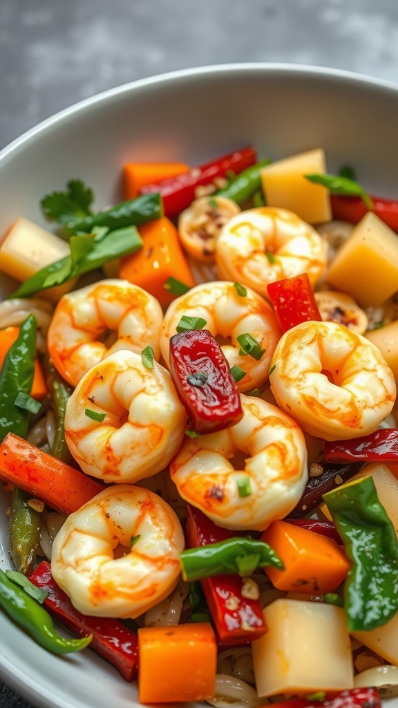 A colorful shrimp stir fry featuring shrimp, bell peppers, and artichokes.