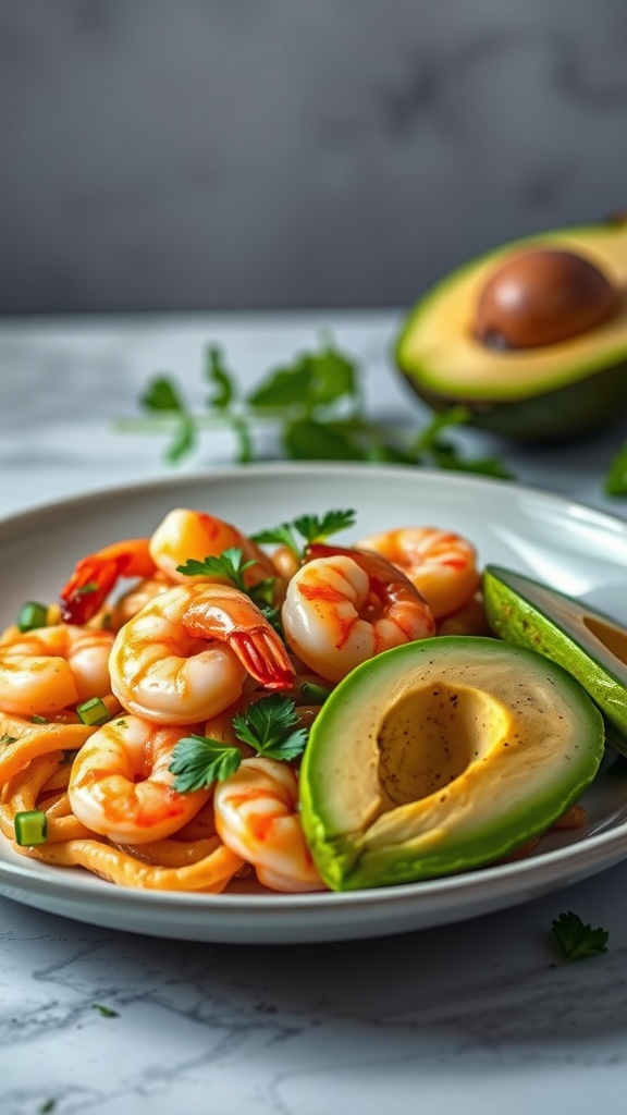 A delicious shrimp stir fry featuring succulent shrimp, vibrant vegetables, and creamy avocado slices.