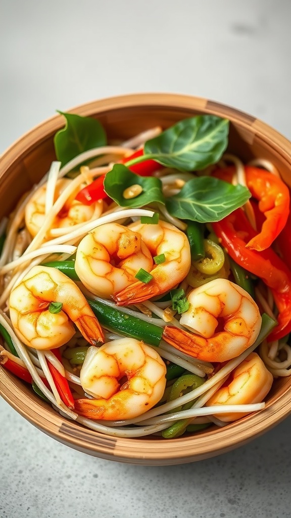 A bowl of shrimp stir fry with vibrant vegetables and bean sprouts.