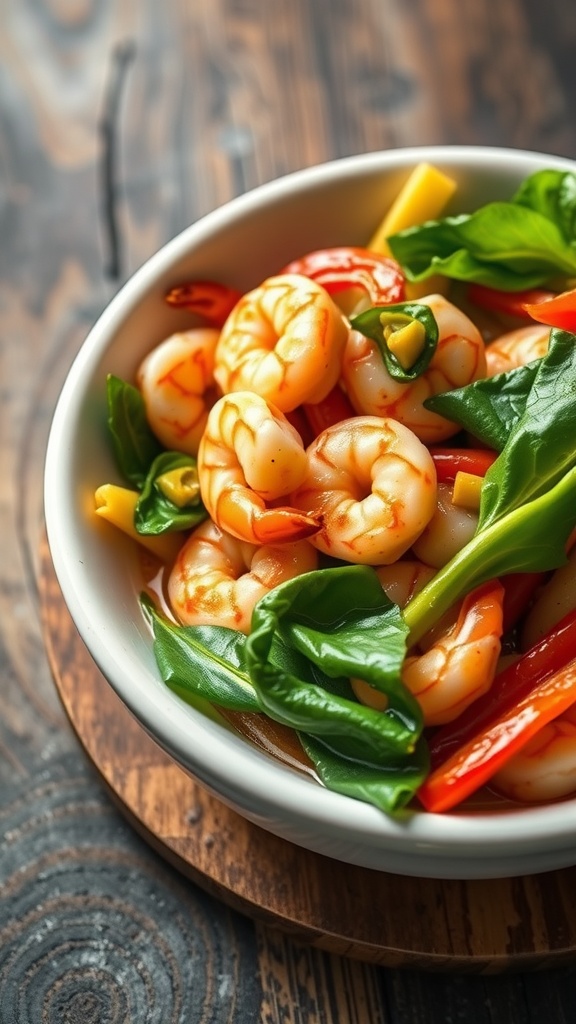 A bowl of shrimp stir fry with bok choy and colorful vegetables.