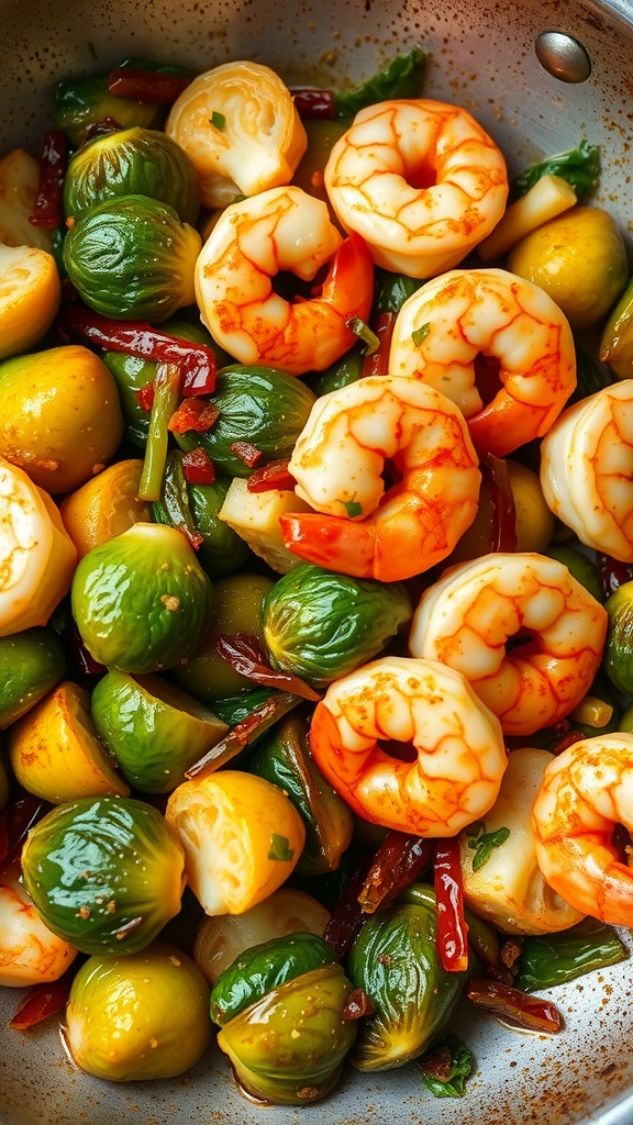 Shrimp stir fry with Brussels sprouts and colorful vegetables