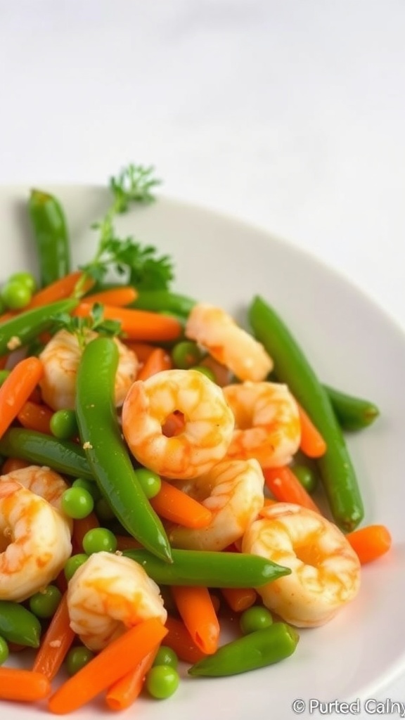 Shrimp stir fry with carrots and peas