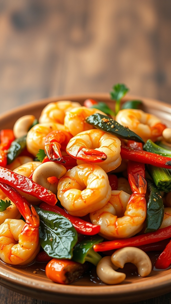 A colorful shrimp stir fry with cashews and various vegetables.