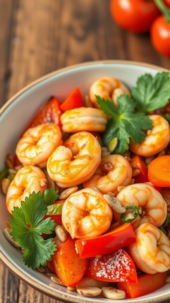 A colorful bowl of shrimp stir fry with chopped nuts and vegetables.