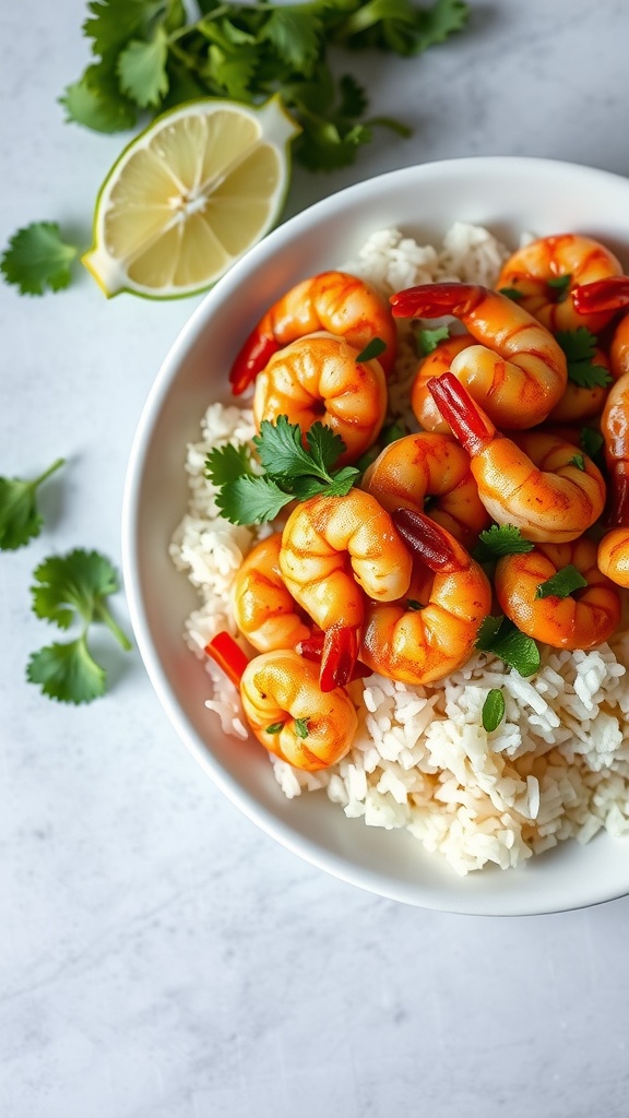 A delicious plate of shrimp stir fry served with cilantro lime rice, garnished with fresh herbs.