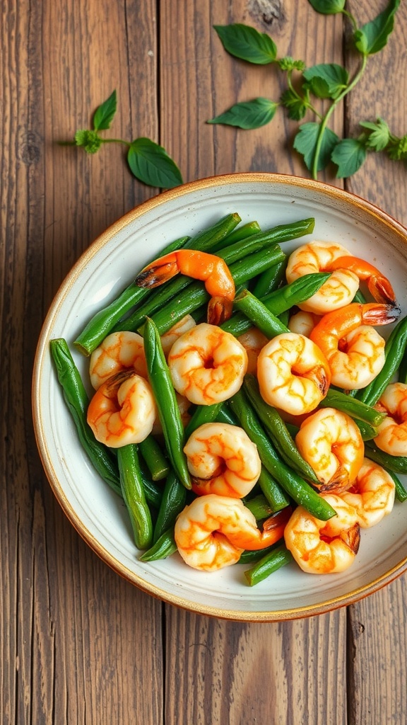 Shrimp stir fry with garlic and green beans served in a bowl