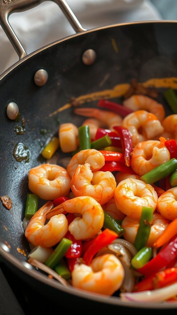 Shrimp stir fry with colorful peppers and onions in a skillet.