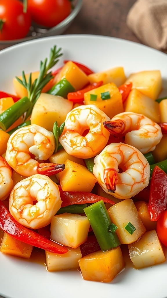 A colorful shrimp stir fry featuring shrimp, pineapple, and assorted vegetables.