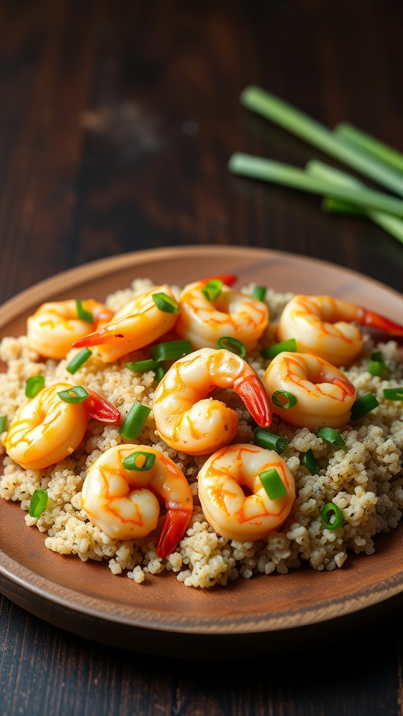 A vibrant dish of shrimp stir fry served over a bed of quinoa, garnished with green onions.