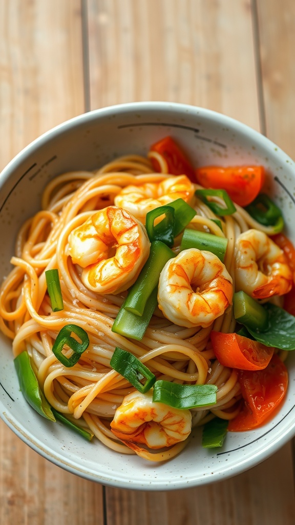 A bowl of shrimp stir fry with rice noodles topped with green onions and colorful vegetables.