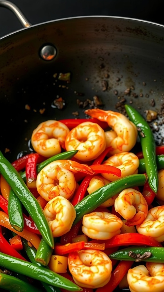 A colorful shrimp stir fry with snow peas and bell peppers in a skillet.