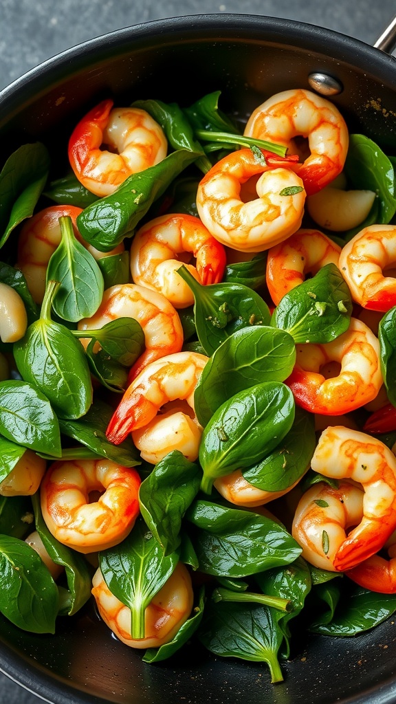 A stir fry dish featuring shrimp and fresh spinach in a black skillet.