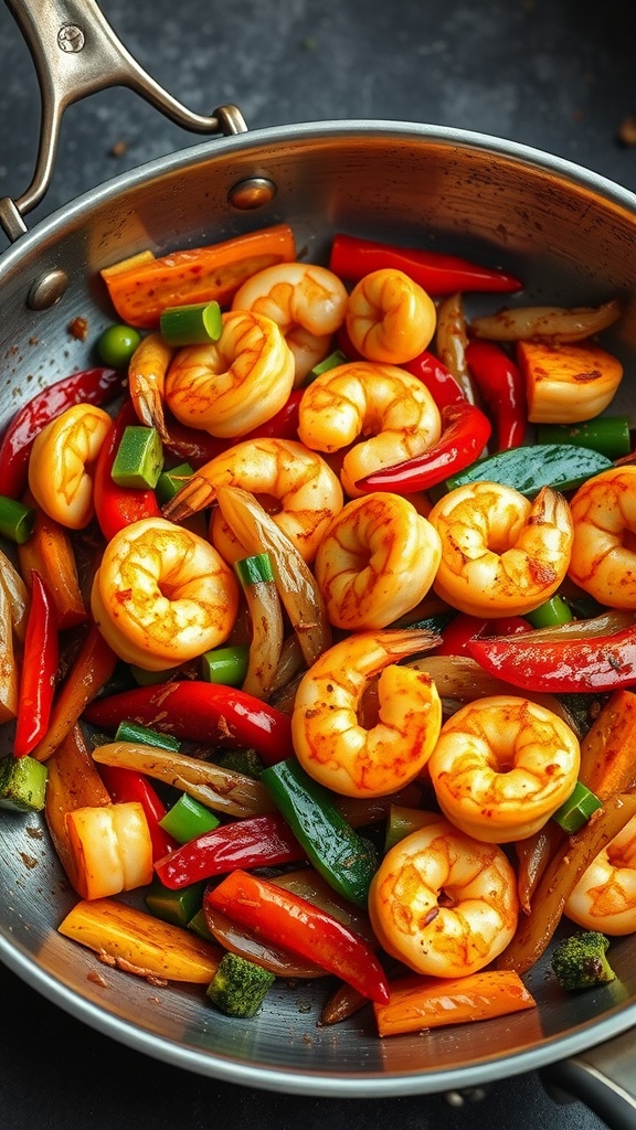 A vibrant stir fry with shrimp and colorful vegetables.