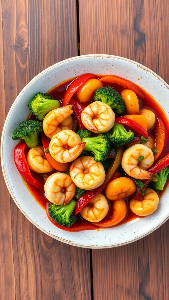 A delicious plate of spicy garlic shrimp with broccoli and colorful bell peppers.