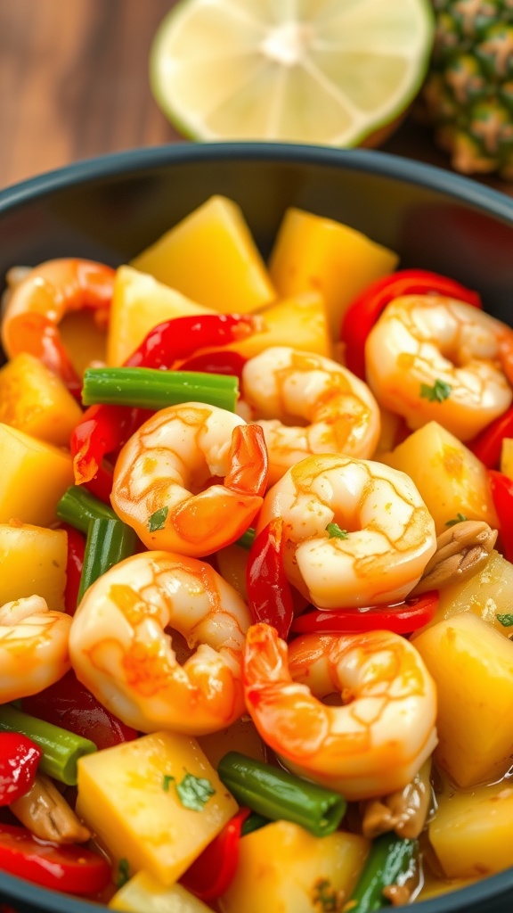 A colorful bowl of sweet and sour shrimp stir fry with shrimp, pineapple, bell peppers, and green beans.