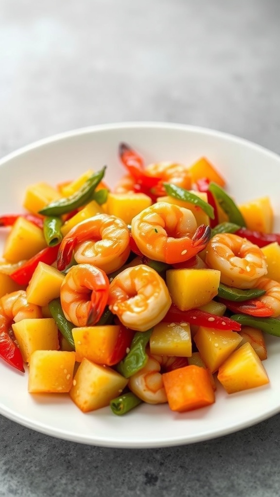 Sweet and sour shrimp stir fry with pineapple and colorful bell peppers on a plate.