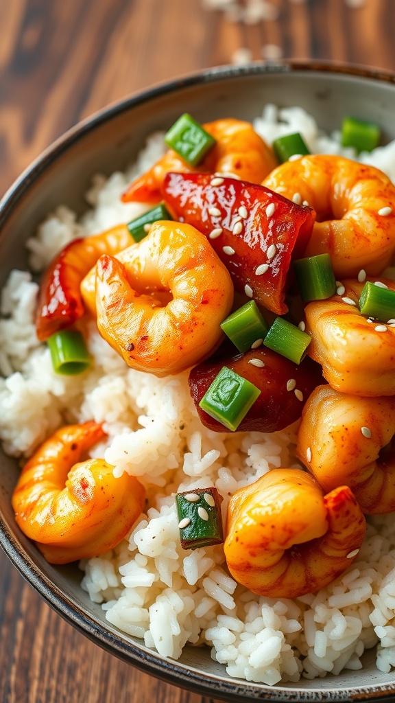 A bowl of teriyaki shrimp stir fry with rice and vegetables.