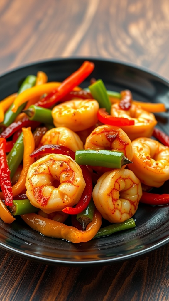 A plate of teriyaki shrimp stir fry with colorful bell peppers