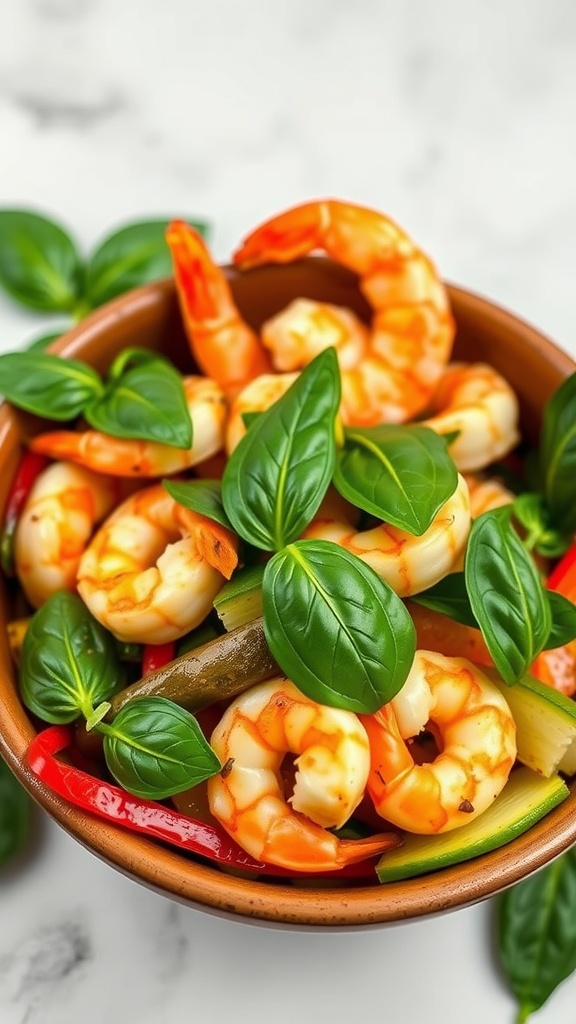 Bowl of Thai basil shrimp stir fry with colorful vegetables and fresh basil leaves