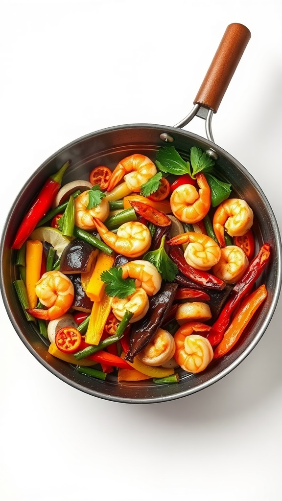 A colorful vegetable and shrimp stir fry in a pan.